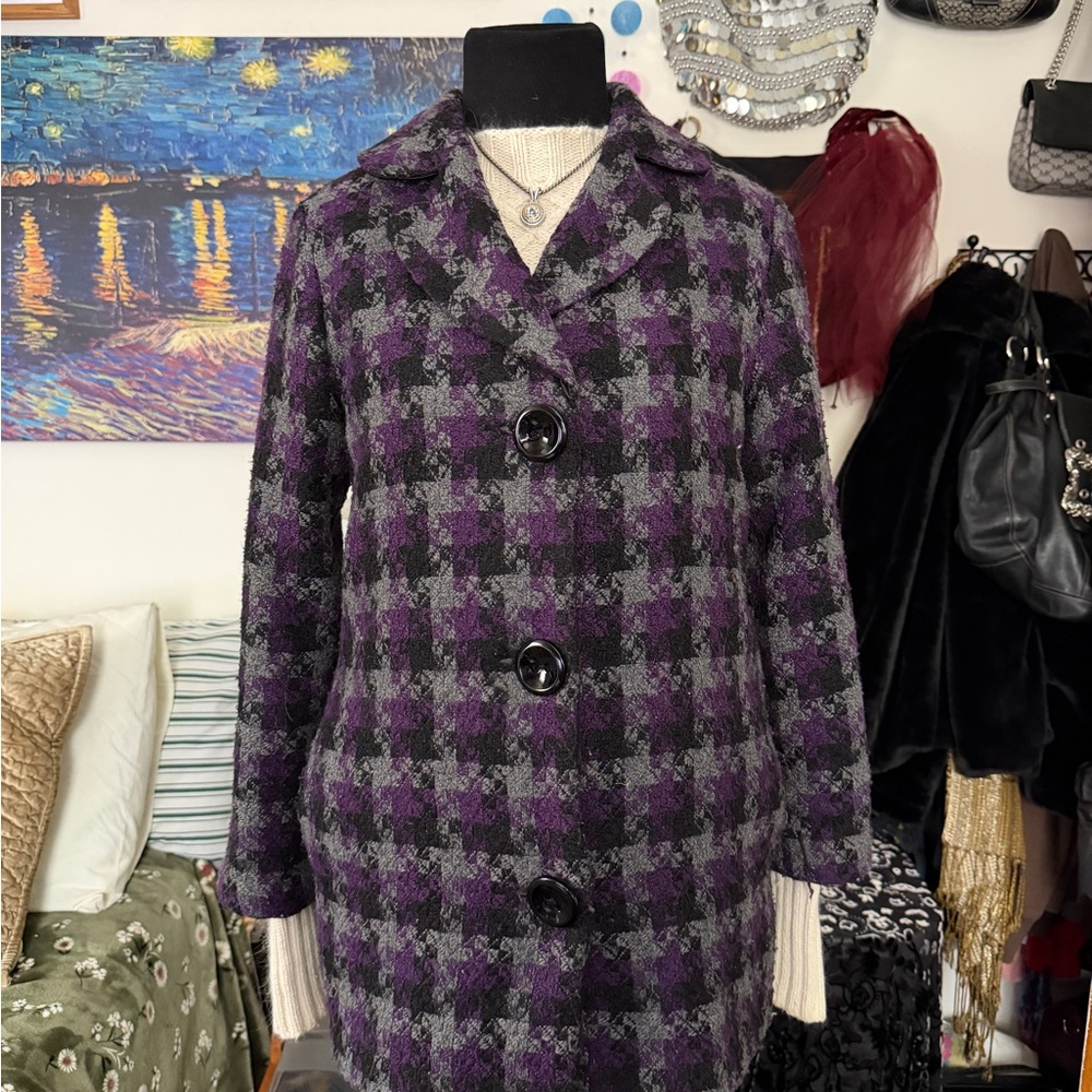 Forever 21 Black and Purple Checkered Pea Coat